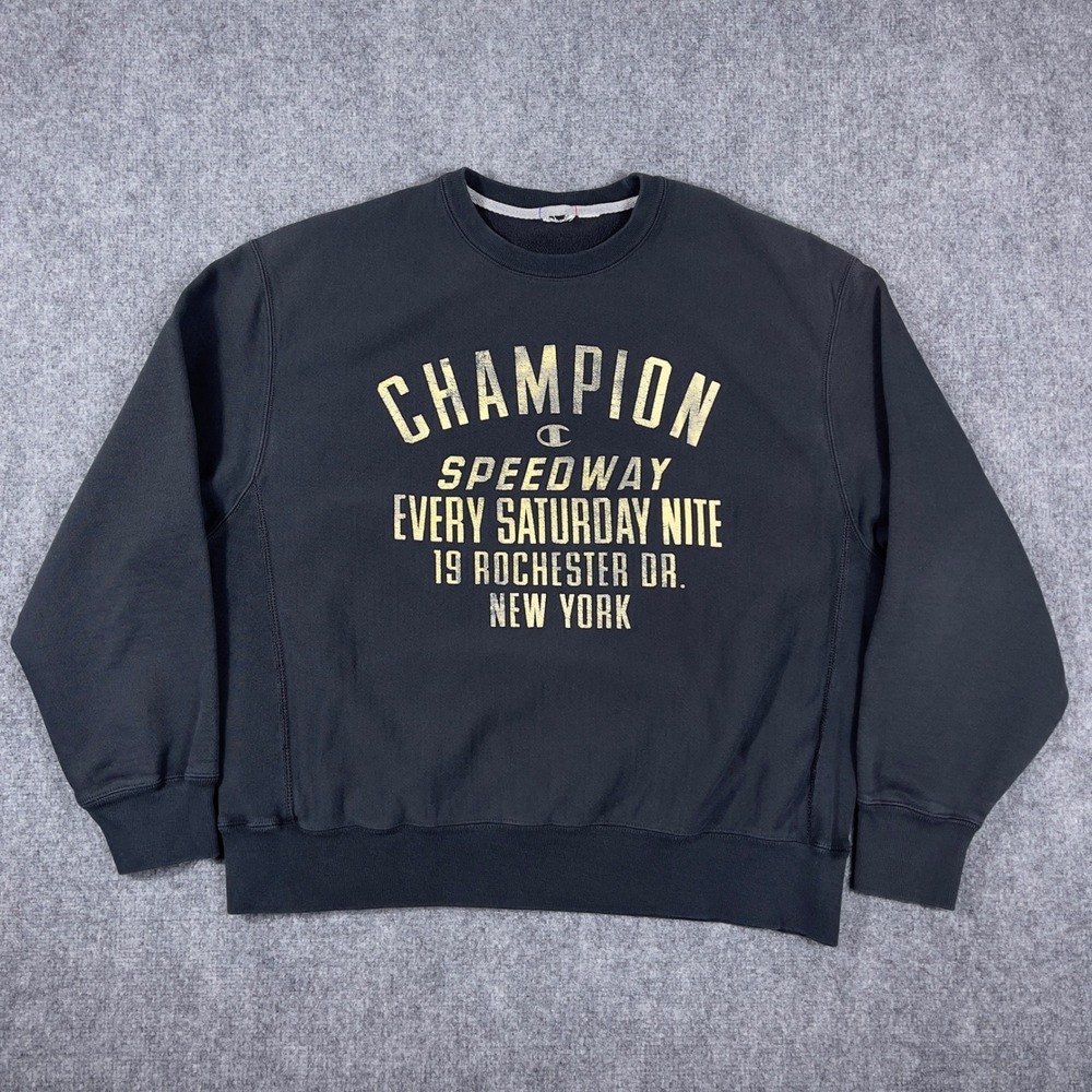 Y2K Champion Reverse Weave Sweatshirt Mens XL Black NY Speedway Graphic Pullover
